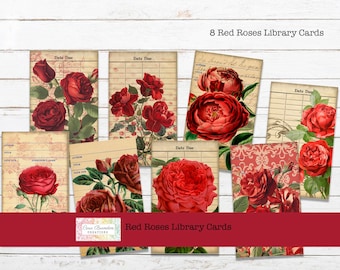 Vintage Red Roses Library Cards, Ephemera (Digital Download)
