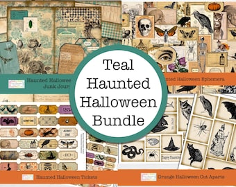 Teal Haunted Halloween Junk Journal Kit, Ephemera, Tickets (Digital Download)