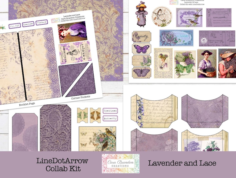 Peut inclure: Un kit de scrapbooking num&eacute;rique sur le th&egrave;me de la lavande et de la dentelle. Le kit comprend une page de livret, des poches d'angle, des &eacute;tiquettes et d'autres embellissements. Le kit est con&ccedil;u pour &ecirc;tre utilis&eacute; avec un logiciel de scrapbooking num&eacute;rique.
