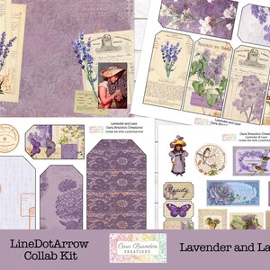 Peut inclure: Un kit de collage num&eacute;rique avec des images de lavande, de dentelle, de papillons, d'oiseaux et d'illustrations vintage. Le kit est intitul&eacute; "Lavender and Lace" et est une collaboration entre LineDotArrow et Cara Brandon Creations.