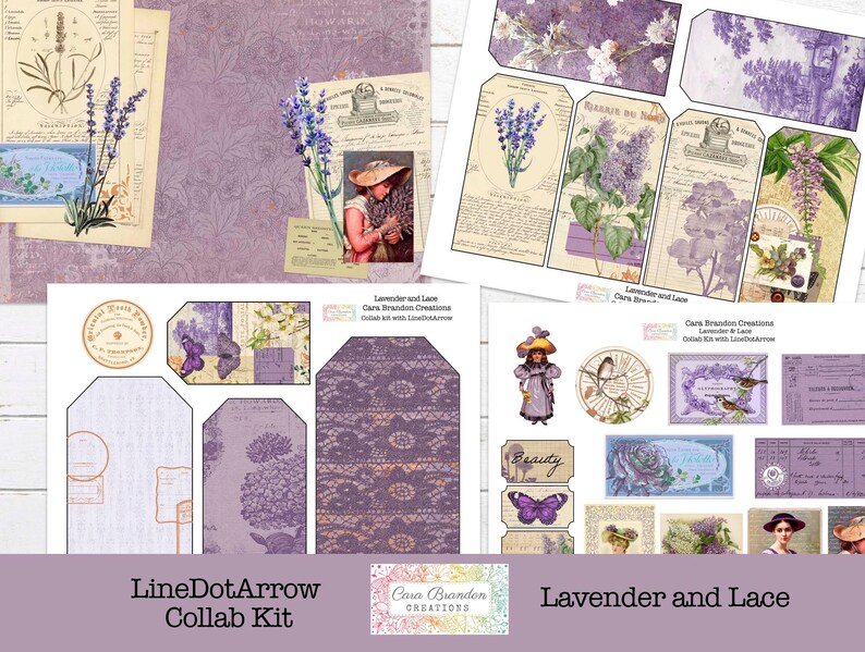 Peut inclure: Un kit de collage num&eacute;rique avec des images de lavande, de dentelle, de papillons, d'oiseaux et d'illustrations vintage. Le kit est intitul&eacute; "Lavender and Lace" et est une collaboration entre LineDotArrow et Cara Brandon Creations.