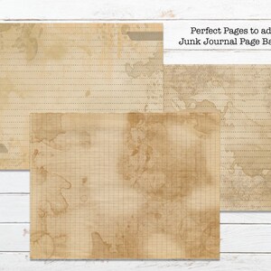 May include: Three sheets of vintage-style paper with lined, grid, and blank backgrounds. The paper has a distressed, aged look with brown stains and a faded appearance. The text "Perfect Pages to add as Junk Journal Page Backers!" is at the top of the image.