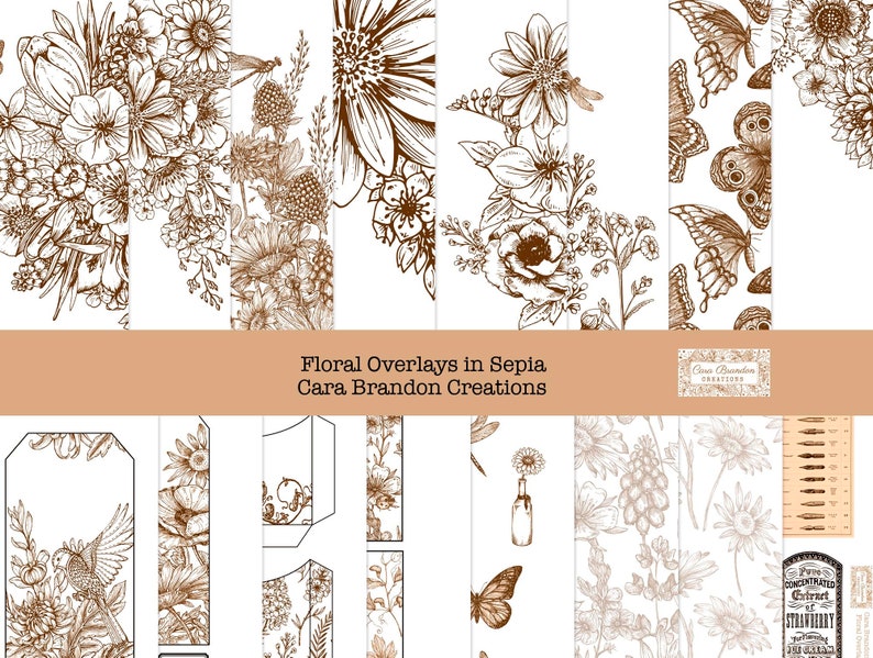 May include: A digital collage sheet with 10 different floral and butterfly designs in sepia tones. The designs include a bouquet of flowers, a sunflower, a butterfly pattern, and a floral border. The sheet is titled "Floral Overlays in Sepia, Cara Brandon Creations".