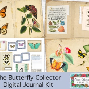 K&ouml;nnte beinhalten: Ein digitales Journal-Kit mit Schmetterlings-Motiv. Das Kit enth&auml;lt Bilder von Schmetterlingen, Blumen und Vintage-Papieren. Der Text "The Butterfly Collector Digital Journal Kit" befindet sich am unteren Rand des Bildes.