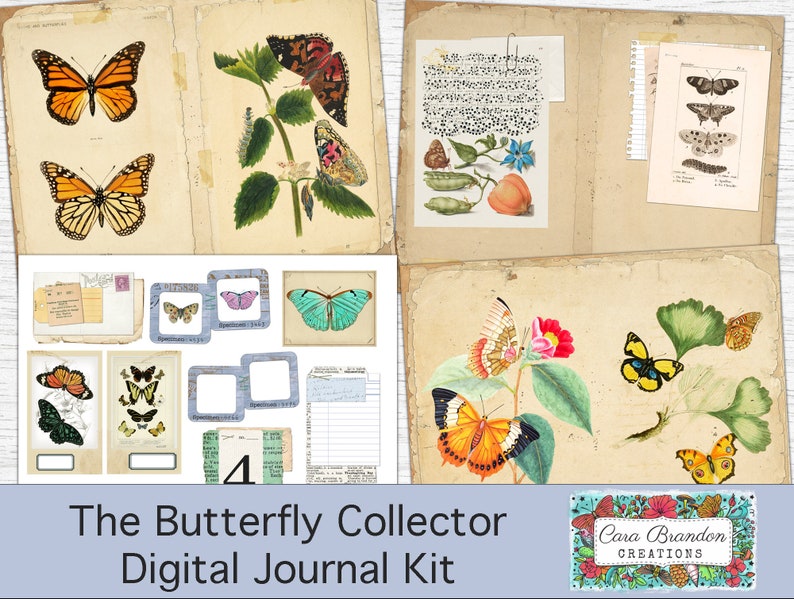 K&ouml;nnte beinhalten: Ein digitales Journal-Kit mit Schmetterlings-Motiv. Das Kit enth&auml;lt Bilder von Schmetterlingen, Blumen und Vintage-Papieren. Der Text "The Butterfly Collector Digital Journal Kit" befindet sich am unteren Rand des Bildes.