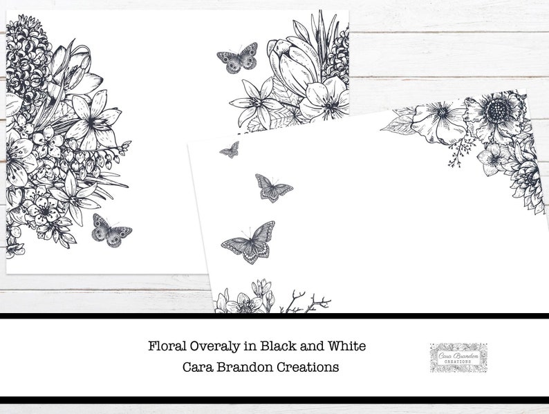 May include: Black and white floral design with butterflies. The design is in a corner of a white background. The text "Floral Overaly in Black and White Cara Brandon Creations" is at the bottom of the image.