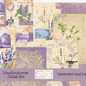 Peut inclure: Un kit de collage num&eacute;rique avec des images de fleurs de lavande, d'oiseaux et d'illustrations botaniques vintage. Le kit est intitul&eacute; "Lavender and Lace" et est une collaboration entre LineDotArrow et Cara Brandon Creations.