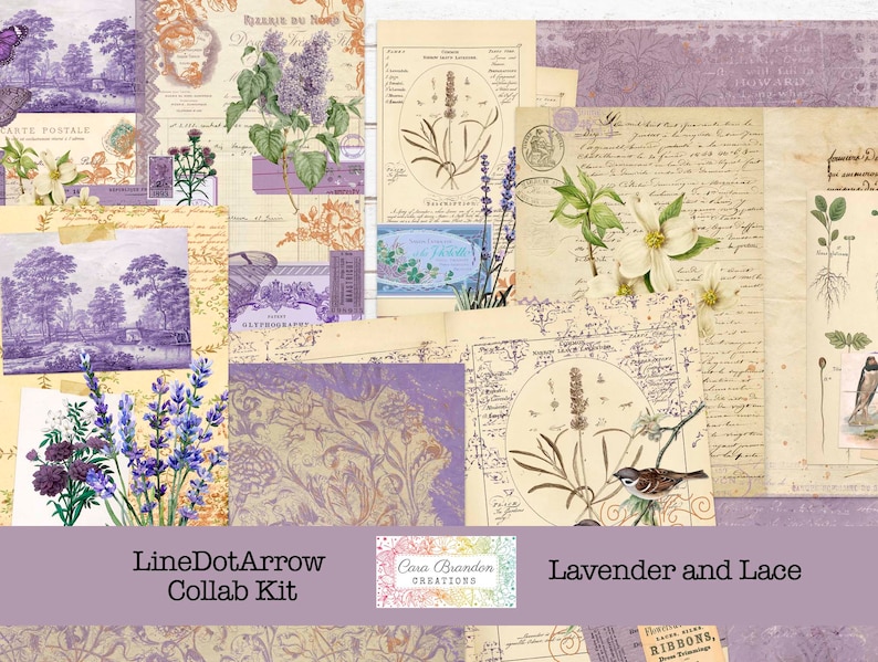 Peut inclure: Un kit de collage num&eacute;rique avec des images de fleurs de lavande, d'oiseaux et d'illustrations botaniques vintage. Le kit est intitul&eacute; "Lavender and Lace" et est une collaboration entre LineDotArrow et Cara Brandon Creations.