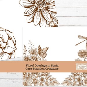 May include: A set of four digital floral overlays in sepia tones. The overlays feature various flowers, butterflies, and a dragonfly. The overlays are perfect for adding a touch of vintage charm to your digital projects.