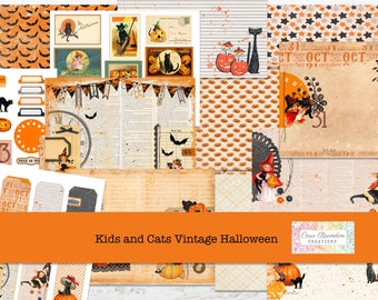 Vintage Kids and Cats Halloween Tag, Junk Journal Kit (Printable)