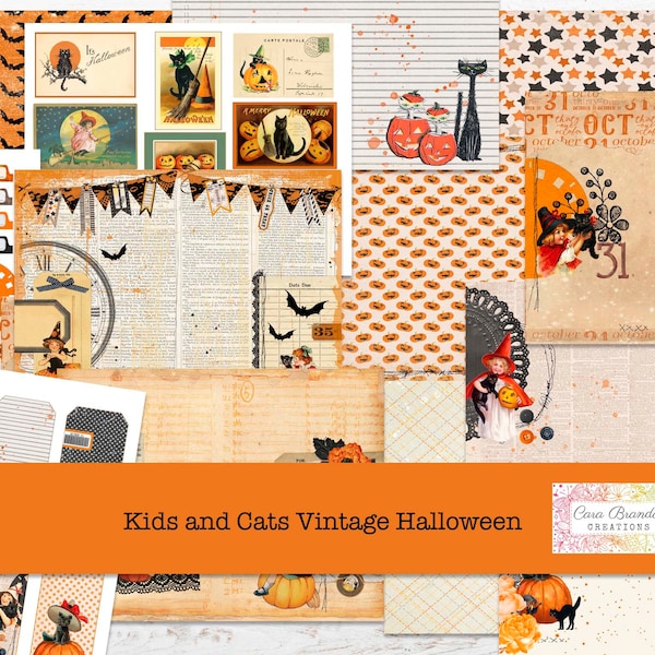 Halloween Tag Junk Journal Kit, printable Tag Journal Kit, Kids and Cats Halloween Tag Kit