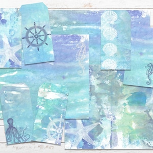 Kit de carnet de bord Ocean Junk, arrière-plans Sea Life et étiquettes nautiques, supports mixtes à imprimer, pages de scrapbooking nautique, supports numériques océaniques