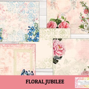 May include: A set of six digital paper backgrounds featuring floral designs in shades of pink, blue, and white. The papers have a vintage, distressed look and include delicate floral patterns, birds, and butterflies.