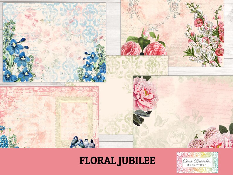 May include: A set of six digital paper backgrounds featuring floral designs in shades of pink, blue, and white. The papers have a vintage, distressed look and include delicate floral patterns, birds, and butterflies.