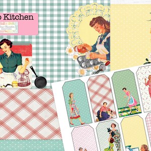 May include: A digital printable paper pack with a retro kitchen theme. The pack includes a variety of patterns, including gingham, polka dots, and floral designs. The pack also includes images of women in vintage clothing, such as a woman baking and a woman cleaning. The text "Retro Kitchen" is included in the image.