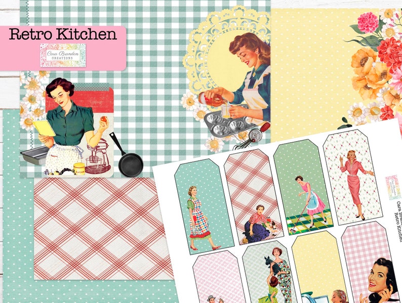 May include: A digital printable paper pack with a retro kitchen theme. The pack includes a variety of patterns, including gingham, polka dots, and floral designs. The pack also includes images of women in vintage clothing, such as a woman baking and a woman cleaning. The text "Retro Kitchen" is included in the image.