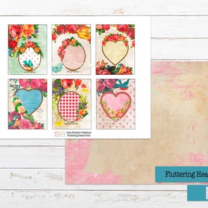 May include: Six printable digital paper designs featuring floral patterns with hearts and birds. The paper is perfect for scrapbooking, card making, and other paper crafts. The designs are in a vintage style with a pink, red, and blue color scheme.