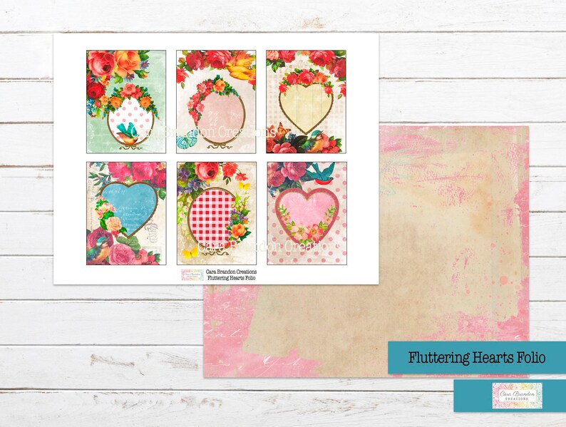 May include: Six printable digital paper designs featuring floral patterns with hearts and birds. The paper is perfect for scrapbooking, card making, and other paper crafts. The designs are in a vintage style with a pink, red, and blue color scheme.