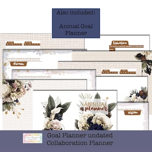 May include: A printable goal planner with floral illustrations in shades of blue, white, and pink. The planner includes sections for annual goals, a timeline, and a vision board. The text "Goal Planner undated Collaboration Planner" is at the bottom of the image.