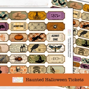 May include: A set of 24 printable Halloween ticket designs. The tickets feature various spooky and whimsical illustrations, including bats, skulls, pumpkins, spiders, and owls. The tickets are in a vintage style with a distressed look and are perfect for adding a touch of Halloween fun to your party decorations.