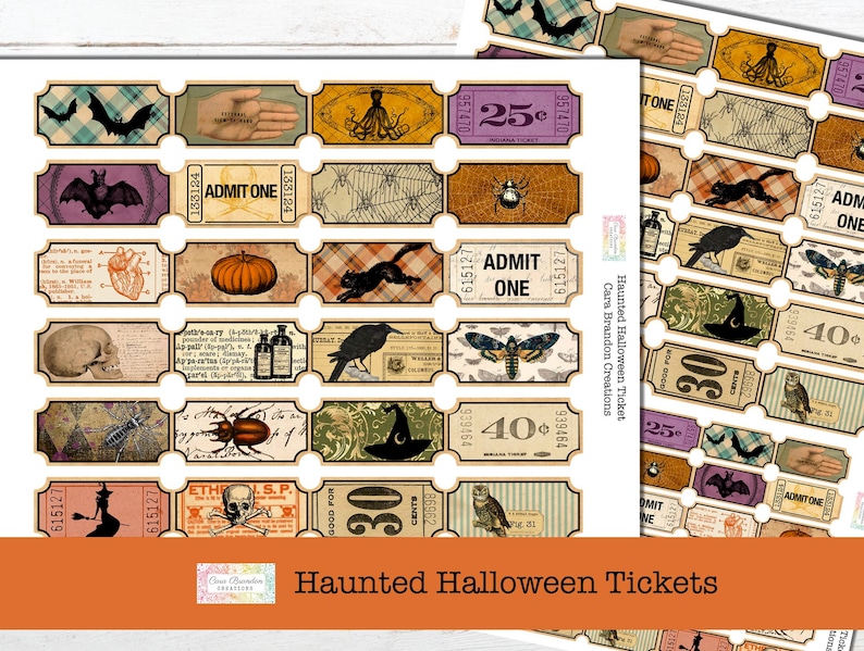 May include: A set of 24 printable Halloween ticket designs. The tickets feature various spooky and whimsical illustrations, including bats, skulls, pumpkins, spiders, and owls. The tickets are in a vintage style with a distressed look and are perfect for adding a touch of Halloween fun to your party decorations.