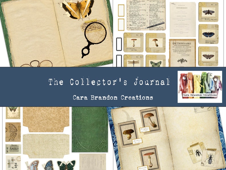 May include: A digital collage sheet with a vintage aesthetic featuring images of butterflies, mushrooms, insects, and a magnifying glass. The sheet is titled "The Collector's Journal" with the text "Cara Brandon Creations" below.