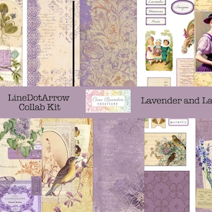 Peut inclure: Un kit de collage num&eacute;rique sur le th&egrave;me de la lavande et de la dentelle. Le kit comprend des images de fleurs, d'oiseaux, de papillons et d'illustrations vintage. Le texte "LineDotArrow Collab Kit" et "Lavender and Lace" est inclus dans l'image.