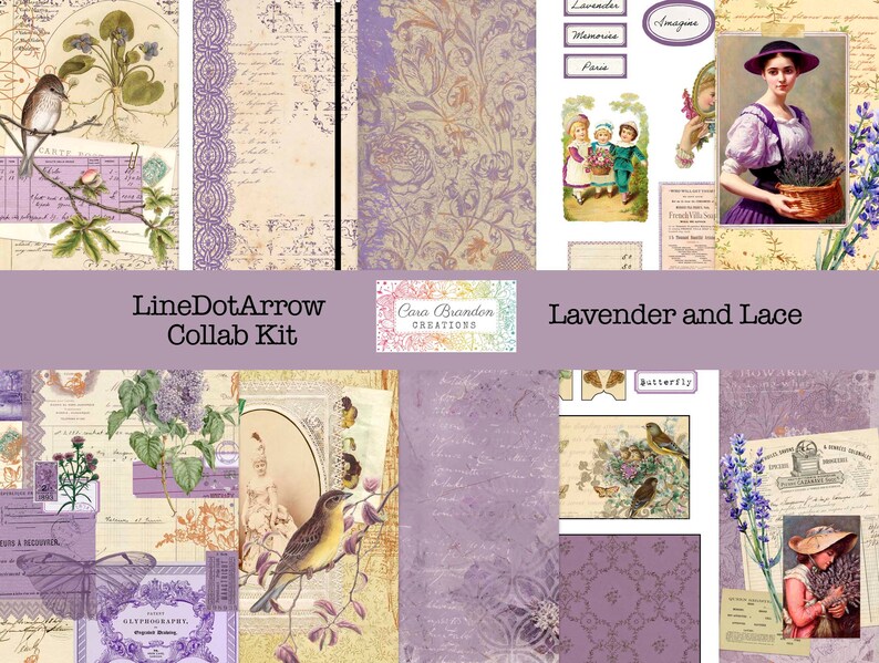Peut inclure: Un kit de collage num&eacute;rique sur le th&egrave;me de la lavande et de la dentelle. Le kit comprend des images de fleurs, d'oiseaux, de papillons et d'illustrations vintage. Le texte "LineDotArrow Collab Kit" et "Lavender and Lace" est inclus dans l'image.