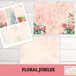 May include: A set of printable digital paper and tags featuring a floral design with pink, white, and green flowers on a pink background. The text "Floral Jubilee" is at the bottom of the image.