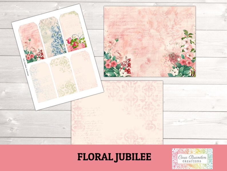 May include: A set of printable digital paper and tags featuring a floral design with pink, white, and green flowers on a pink background. The text "Floral Jubilee" is at the bottom of the image.