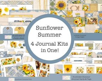 Sunflower Summer Junk Journal Kit, Collage Pages, Cards, Folio (JPEG, PDF)