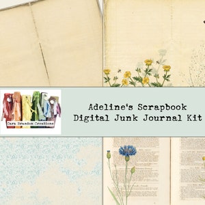 May include: A digital junk journal kit called "Adeline's Scrapbook" with a blue background and a colorful logo. The kit includes images of old books, flowers, and a butterfly.