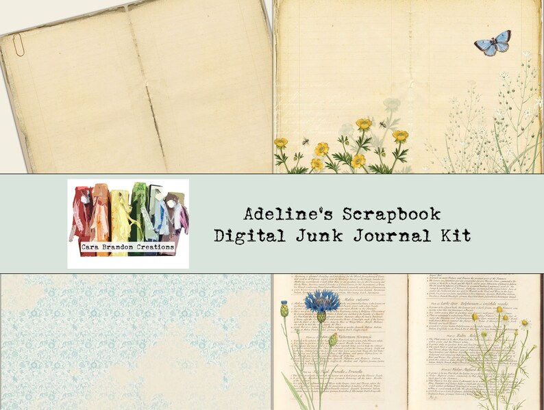 May include: A digital junk journal kit called "Adeline's Scrapbook" with a blue background and a colorful logo. The kit includes images of old books, flowers, and a butterfly.