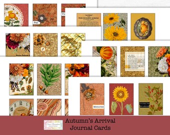 Könnte beinhalten: Ein Satz von 12 druckbaren Journalkarten mit Herbstmotiven. Die Karten zeigen Bilder von Sonnenblumen, Kürbissen, Blättern und anderen herbstlichen Elementen. Die Karten sind perfekt, um Ihrem Journal oder Ihrem Sammelalbum einen Hauch von Herbst zu verleihen.