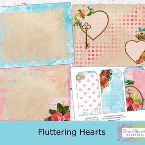 May include: Printable digital paper pack with a vintage, romantic theme.  The pack includes four patterned papers with a pink and blue colour scheme, featuring hearts, keys, flowers, and gingham patterns.  The papers are perfect for scrapbooking, card making, and other paper crafts.  The text "Fluttering Hearts" and "Cara Brandon Creations" is included on the paper pack.