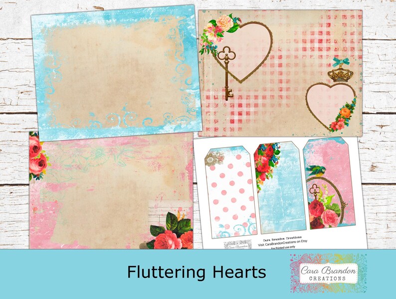 May include: Printable digital paper pack with a vintage, romantic theme.  The pack includes four patterned papers with a pink and blue colour scheme, featuring hearts, keys, flowers, and gingham patterns.  The papers are perfect for scrapbooking, card making, and other paper crafts.  The text "Fluttering Hearts" and "Cara Brandon Creations" is included on the paper pack.