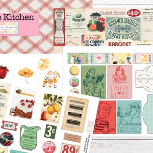 May include: A collection of vintage-style printable digital papers and stickers with a retro kitchen theme. The papers feature a red and white gingham pattern, a floral design, and a vintage recipe card. The stickers include a red apple, a pie recipe, a cake with strawberries, a jug, a price tag, and a woman reading a cookbook.