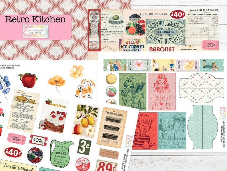 May include: A collection of vintage-style printable digital papers and stickers with a retro kitchen theme. The papers feature a red and white gingham pattern, a floral design, and a vintage recipe card. The stickers include a red apple, a pie recipe, a cake with strawberries, a jug, a price tag, and a woman reading a cookbook.