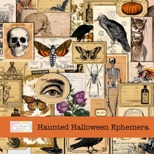 Coisas efêmeras assombradas de Halloween, coisas efêmeras de Halloween, kit de diário lixo de Halloween, cartões de diário de Halloween e cortes complicados