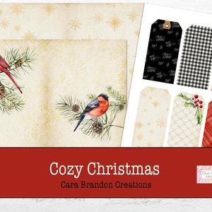 May include: A set of printable Christmas gift tags featuring a variety of designs, including a black and white plaid, a red plaid, a green and white floral pattern, and a design with snowflakes. The tags are labeled "Cozy Christmas Cara Brandon Creations".