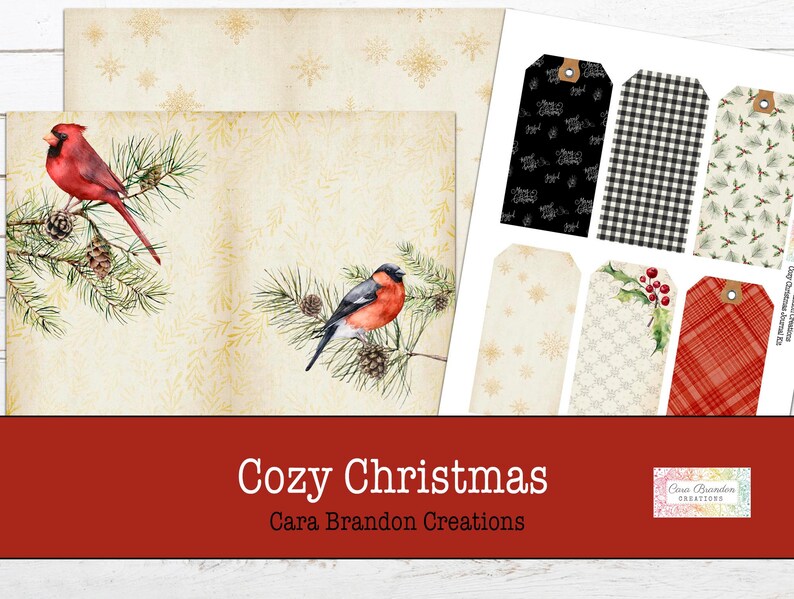 May include: A set of printable Christmas gift tags featuring a variety of designs, including a black and white plaid, a red plaid, a green and white floral pattern, and a design with snowflakes. The tags are labeled "Cozy Christmas Cara Brandon Creations".