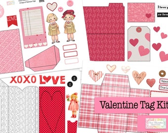 Valentine&#39;s Day Tag Kit, 14 Days of Valentine Tags Junk Journal Kit, Valentine, Tags, Pink, Red, Layered Tags, Digital Junk Journal Kit