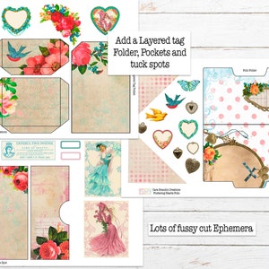 May include: A digital printable kit for scrapbooking and paper crafting featuring a layered tag, folder, pockets, tuck spots, and fussy cut ephemera. The kit includes a variety of floral designs, birds, hearts, and other embellishments in pink, blue, and green colors. The text "Add a Layered tag Folder, Pockets and tuck spots" and "Lots of fussy cut Ephemera" is included in the image.