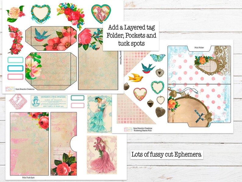 May include: A digital printable kit for scrapbooking and paper crafting featuring a layered tag, folder, pockets, tuck spots, and fussy cut ephemera. The kit includes a variety of floral designs, birds, hearts, and other embellishments in pink, blue, and green colors. The text "Add a Layered tag Folder, Pockets and tuck spots" and "Lots of fussy cut Ephemera" is included in the image.