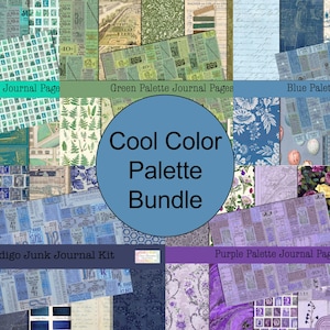 May include: A collection of journal pages in various cool color palettes. The image features teal, green, blue, indigo, and purple pages with floral, vintage ticket, and patterned designs. A blue circle in the center reads "Cool Color Palette Bundle."