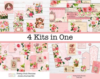 Może przedstawiać: Cztery cyfrowe zestawy do scrapbookingu z różowymi piwoniiami, wzorami kwiatowymi i ilustracjami vintage. Zestawy są zatytułowane "Pretty Pink Peonies Junk Journal Kit" i "Pretty Pink Peonies Folio Kit".