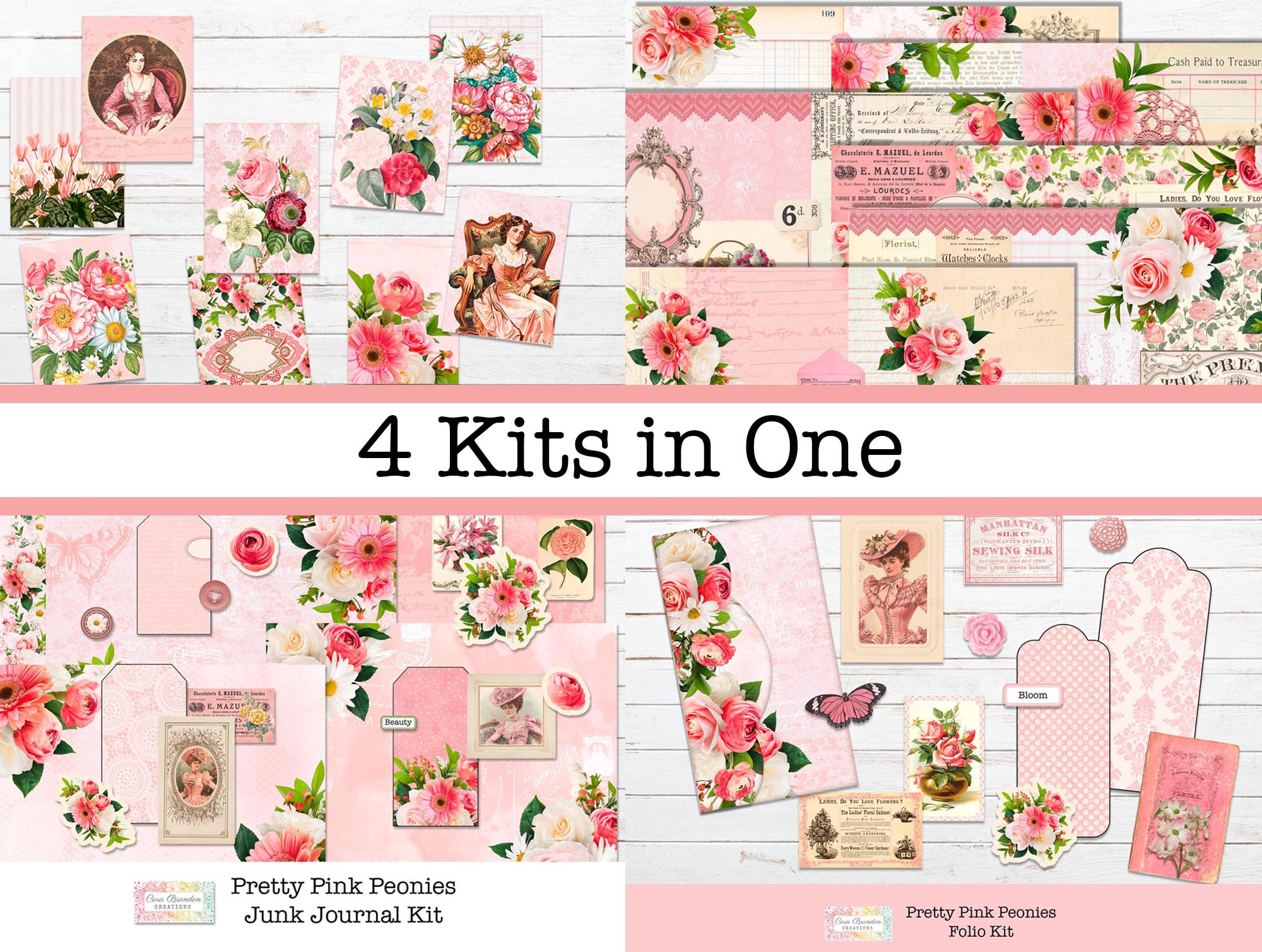 BUNDLE Pretty Pink Peonies Junk Journal Kit, Including