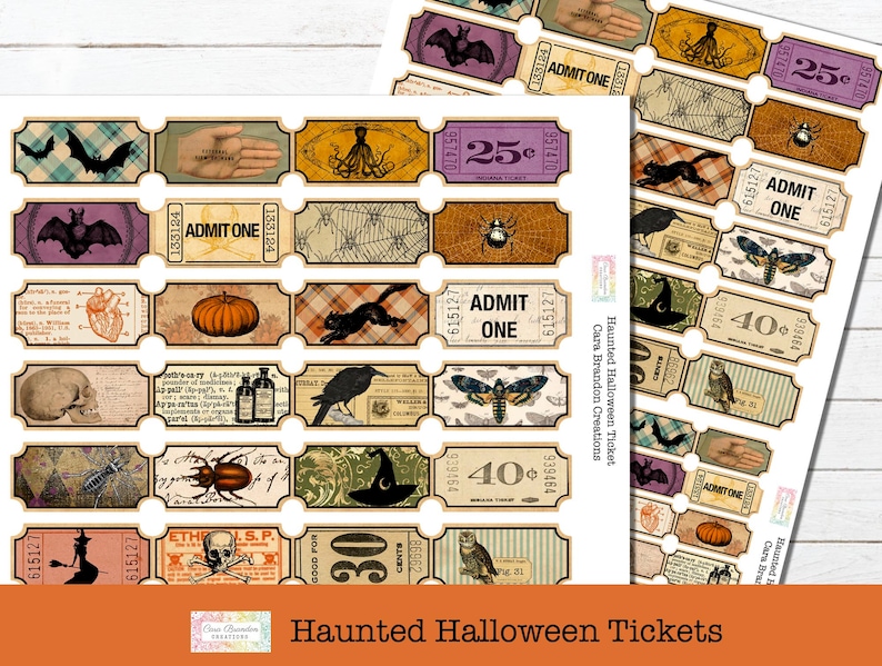 May include: A set of printable Halloween ticket designs featuring vintage illustrations of bats, spiders, owls, pumpkins, and other spooky imagery. The tickets are labeled with the text "ADMIT ONE" and various prices, such as 25&cent;, 40&cent;, and 30&cent;.