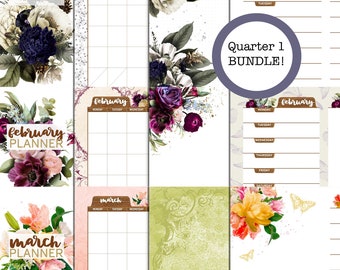Undated Q1 Planner Bundle, Floral Junk Journal Inserts (Digital Download)