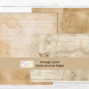 May include: Four digital paper pages with a grunge aesthetic. The pages are lined, gridded, and have a vintage look with brown and tan tones. The text "Grungy Lined Junk Journal Pages" is at the bottom of the image.